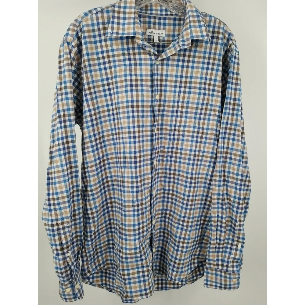 Peter Millar Shirt Men's Large Long Sleeve Button Up‎ Checkered Cotton Casual